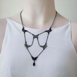 DON LIN Signed Enamel Butterfly Rhinestone Festoon Style Necklace Antiqued Bronz